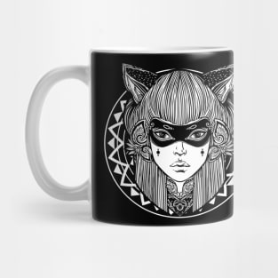 Hand Drawn Cat Woman Tshirt Demon Mask Foxy Mandala Mug